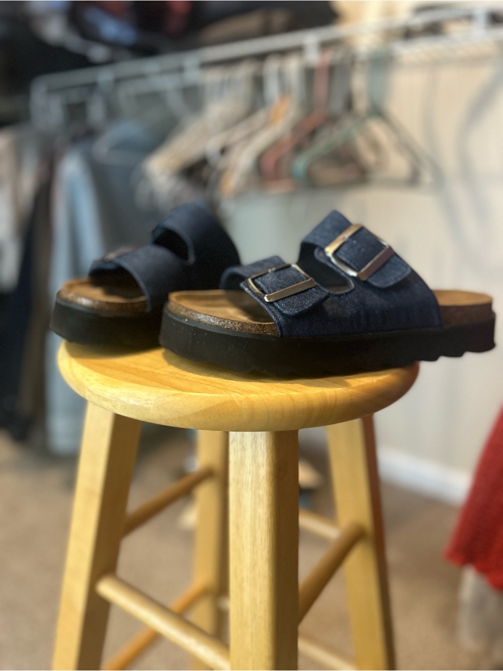 Navy Double-Buckle Slide Sandals